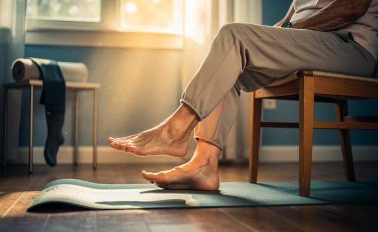 Illustration von einer älteren Person ab 66 Jahren, die kurze Fußgymnastik zur Förderung der Bein‑Durchblutung ausführt