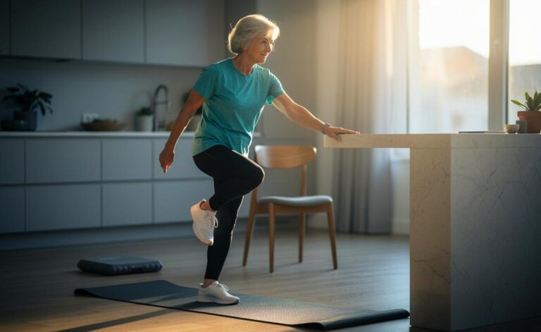 Illustration von einer älteren Person beim Einbeinstand zu Hause mit Fingerkontakt an einer stabilen Oberfläche für mehr Standstabilität und weniger Sturzrisiko