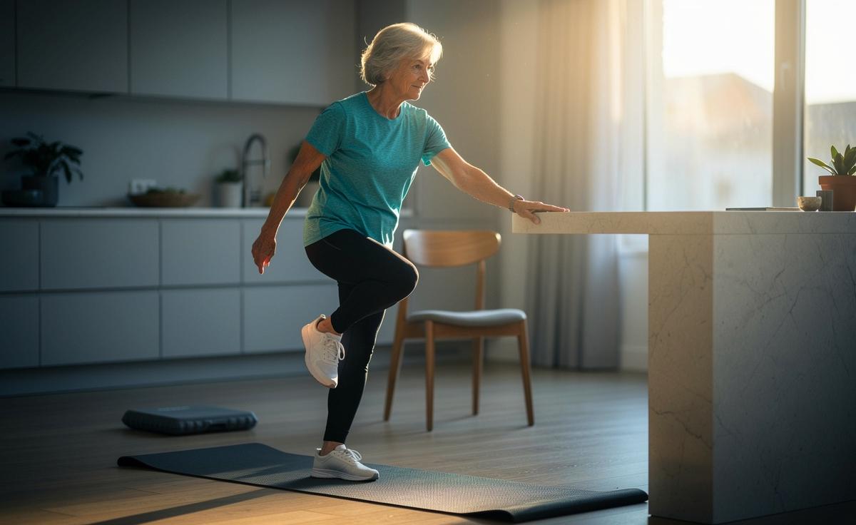 Illustration von einer älteren Person beim Einbeinstand zu Hause mit Fingerkontakt an einer stabilen Oberfläche für mehr Standstabilität und weniger Sturzrisiko