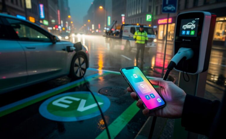 Illustration von neuen Regelungen für Elektroautos im Straßenverkehr ab Mai: klar gekennzeichnete Ladeplätze, Ad-hoc-Zahlung und Preistransparenz