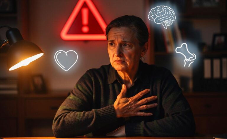 Illustration einer Person mittleren Alters, die nachdenklich eine Hand auf die Brust legt, während im Hintergrund verblasste Icons für Herz, Gehirn und Gelenke sowie ein übergroßes, durchgestrichenes Warnsymbol zu sehen sind.