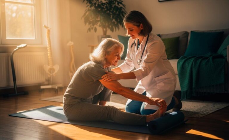 Illustration von einer Person ab 60, die mit ärztlicher Anleitung den Rücken dehnt