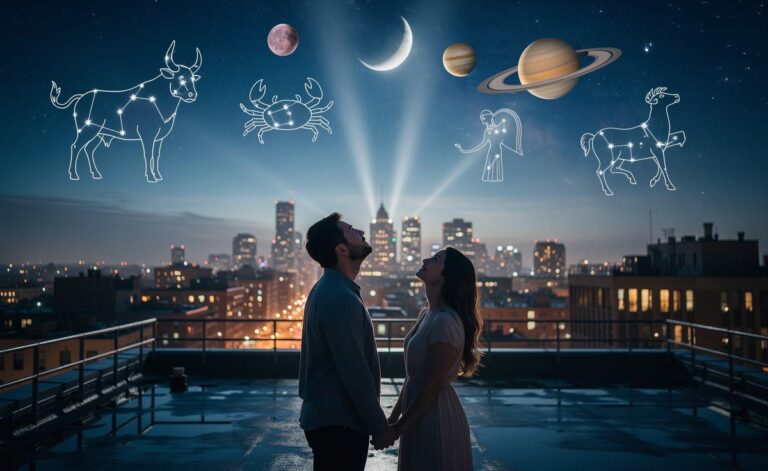 Illustration von fünf Sternzeichen (Stier, Krebs, Jungfrau, Steinbock und Fische), die am 28. März 2026 Stabilität und Klarheit in Beziehungen finden