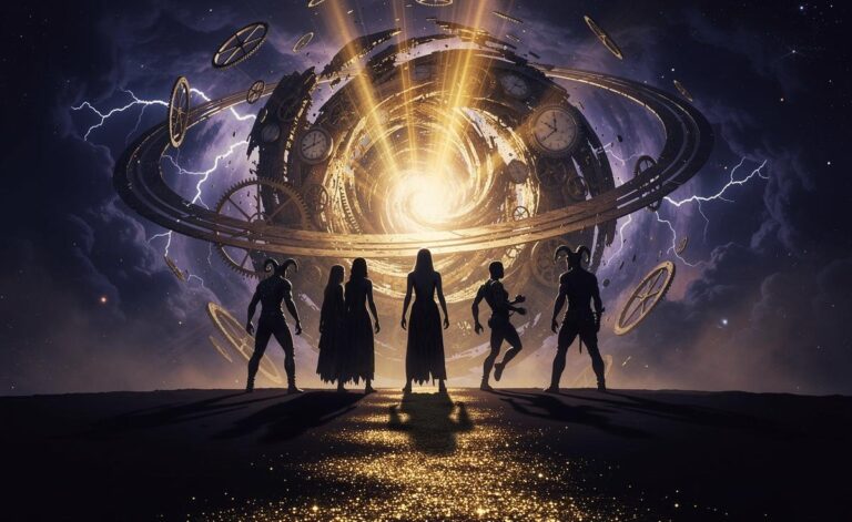 Illustration von fünf Sternzeichen-Symbolen auf einem Pfad durch ein stürmisches, sich wandelndes kosmisches Portal, angetrieben von den planetaren Kräften Saturns und Uranus.