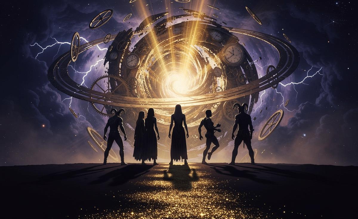 Illustration von fünf Sternzeichen-Symbolen auf einem Pfad durch ein stürmisches, sich wandelndes kosmisches Portal, angetrieben von den planetaren Kräften Saturns und Uranus.