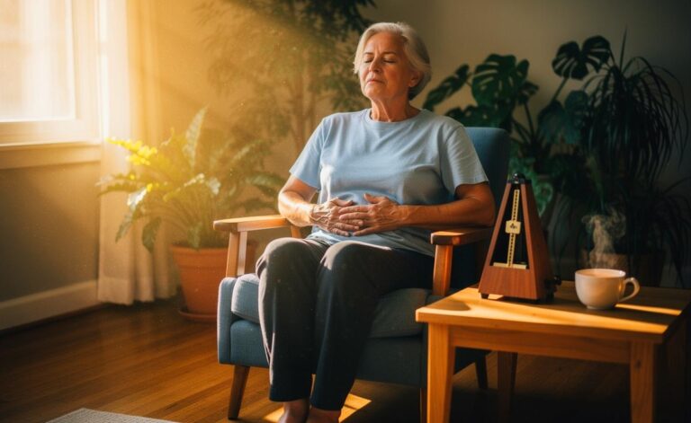 Illustration von einer älteren Person über 60, die im Sitzen die Ein‑Minuten‑Herzatmung für ein gesundes Herz übt