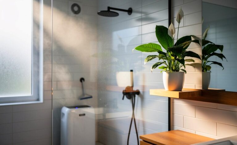 Illustration von [einer Friedenslilie im Badezimmer, spritzfrei platziert, mit Hygrometer (45 % rF) und trockenen Silikonfugen zur Schimmelprävention]