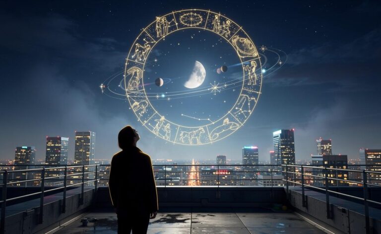 Illustration von Tierkreiszeichen, planetaren Aspekten und Mondphase des Tageshoroskops vom 29. März 2026