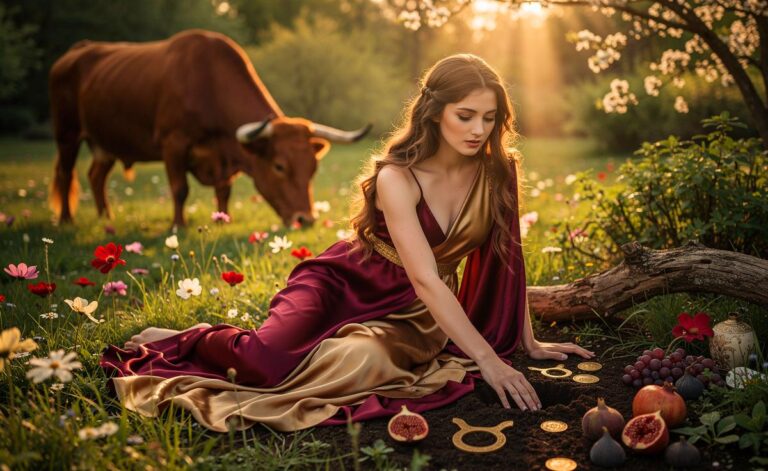 Illustration von Venus, die als Göttin in einer üppigen Frühlingslandschaft ruht, umgeben von Symbolen des Sternzeichens Stier und irdischen Genüssen wie reifen Früchten und stabilen Fundamenten.