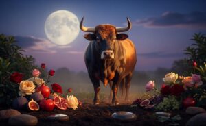 Illustration von einem ruhigen, mondbeschienenen Stier, der fest auf fruchtbarer Erde steht, umgeben von Symbolen der Sinnlichkeit wie reifen Früchten und stabilen Steinen.