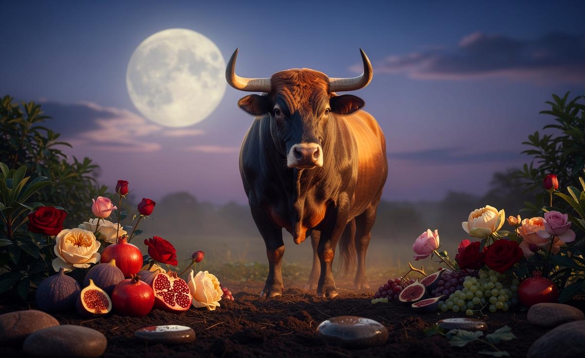 Illustration von einem ruhigen, mondbeschienenen Stier, der fest auf fruchtbarer Erde steht, umgeben von Symbolen der Sinnlichkeit wie reifen Früchten und stabilen Steinen.