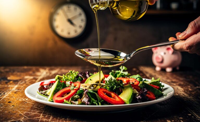 Illustration von einem Koch, der mit einem Esslöffel verschiedene Zutaten abmisst und Gemüse aushöhlt, umgeben von Symbolen für Uhr und Geldbeutel.