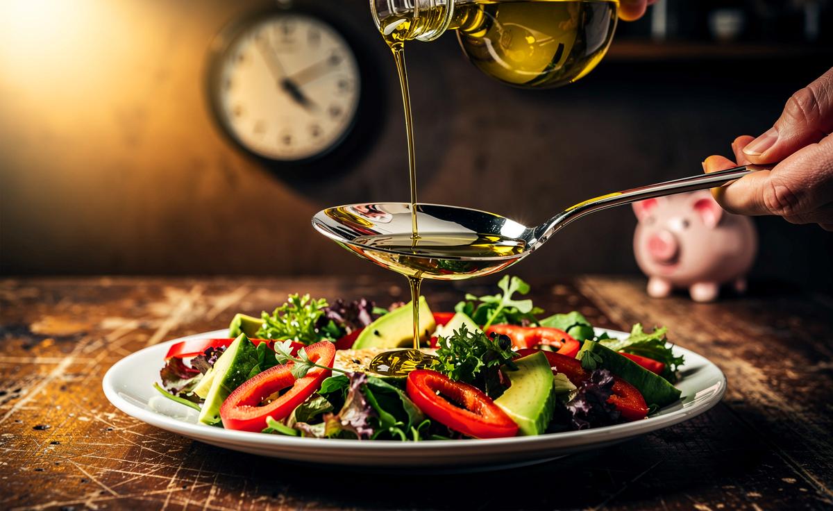 Illustration von einem Koch, der mit einem Esslöffel verschiedene Zutaten abmisst und Gemüse aushöhlt, umgeben von Symbolen für Uhr und Geldbeutel.