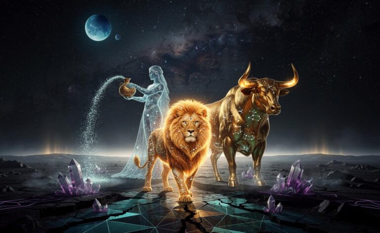 Illustration von den drei Sternzeichen Stier, Löwe und Wassermann am 28. März 2026 zu Beginn einer lebensverändernden Transformation