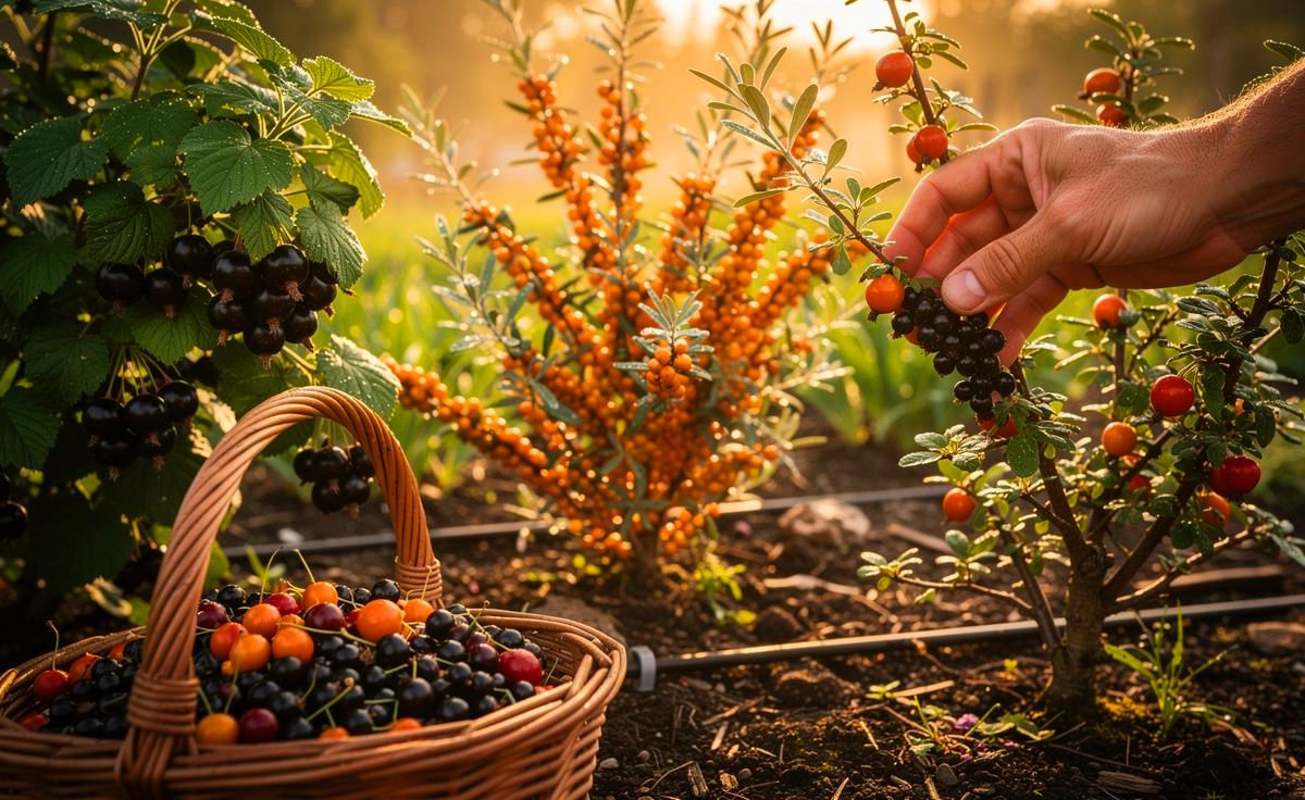Illustration von Vitamin-C-reichen Beerensträuchern im Garten: Schwarze Johannisbeeren, Sanddorn und Hagebutten in sonniger Lage
