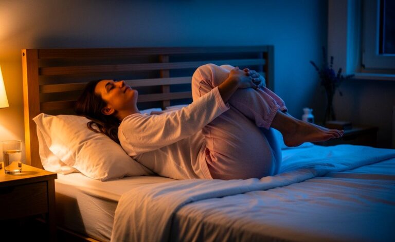 Illustration von einer Person im Bett, die vor dem Schlafen eine sanfte Knie‑zur‑Brust‑Rolle zur Entlastung der Wirbelsäule ausführt