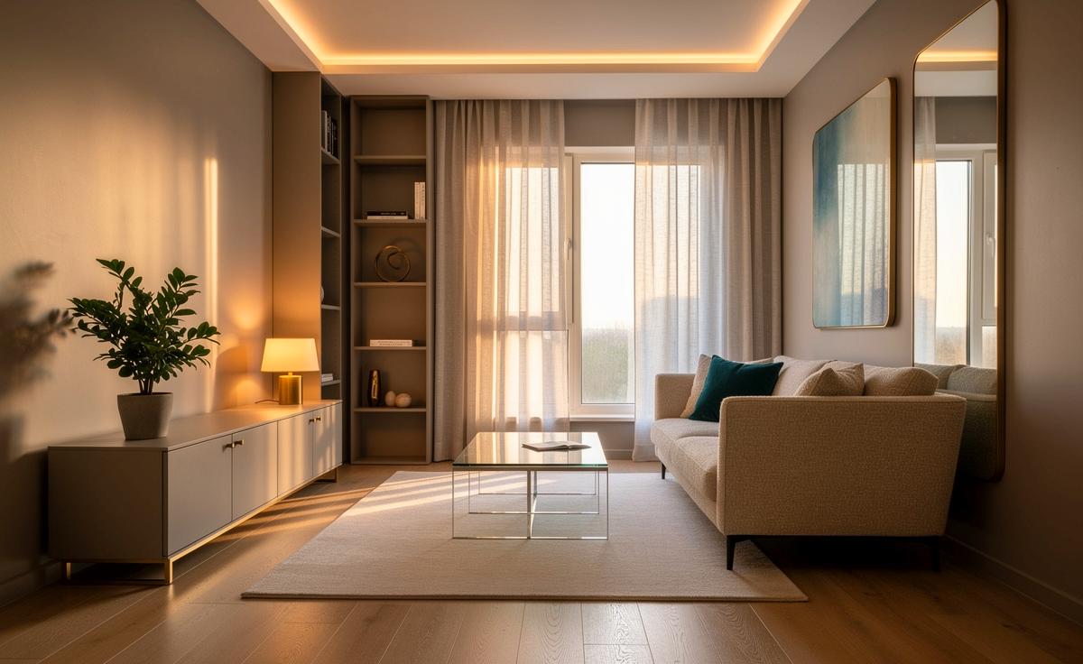 Illustration von einem kleinen Wohnraum, der durch gezielte Lichtführung, Ton-in-Ton-Farben, schlanke Möbel und Spiegel größer und einladender wirkt