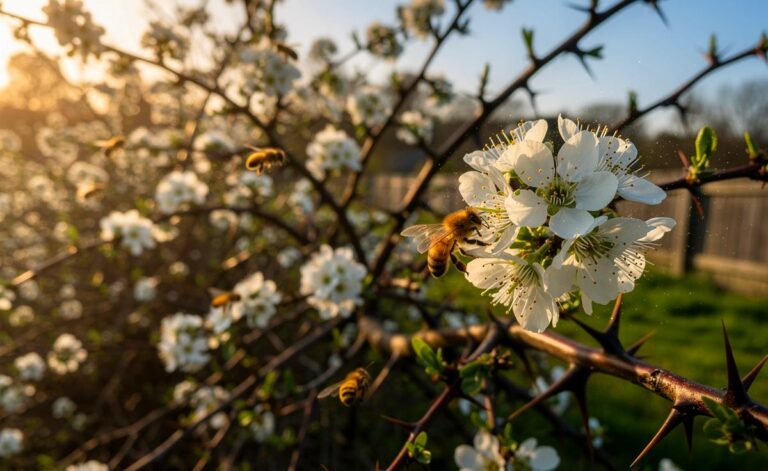 Illustration eines blühenden Schlehenstrauchs (Prunus spinosa) im April, umschwärmt von Bienen, als dornige Naturhecke im Garten