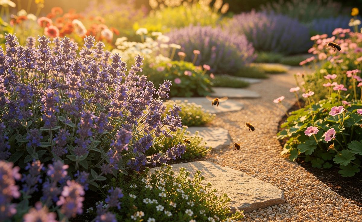 Illustration von einem pflegeleichten Bodendecker-Teppich aus Nepeta x faassenii ’Junior Walker’, der Unkraut unterdrückt und den ganzen Sommer leuchtend blüht