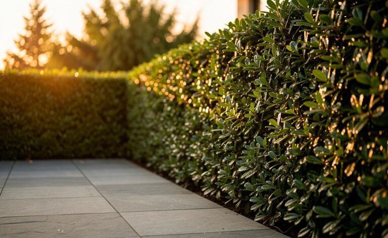 Illustration von einer dichten, immergrünen Kirschlorbeer‑Hecke als pflegeleichte Sichtschutz‑Alternative zu Thuja im Garten