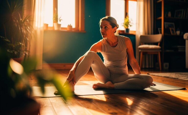 Illustration von einer Person ab 40 in der 90-90-Hüftposition zur Verbesserung der Hüftrotation ohne umfangreiches Training