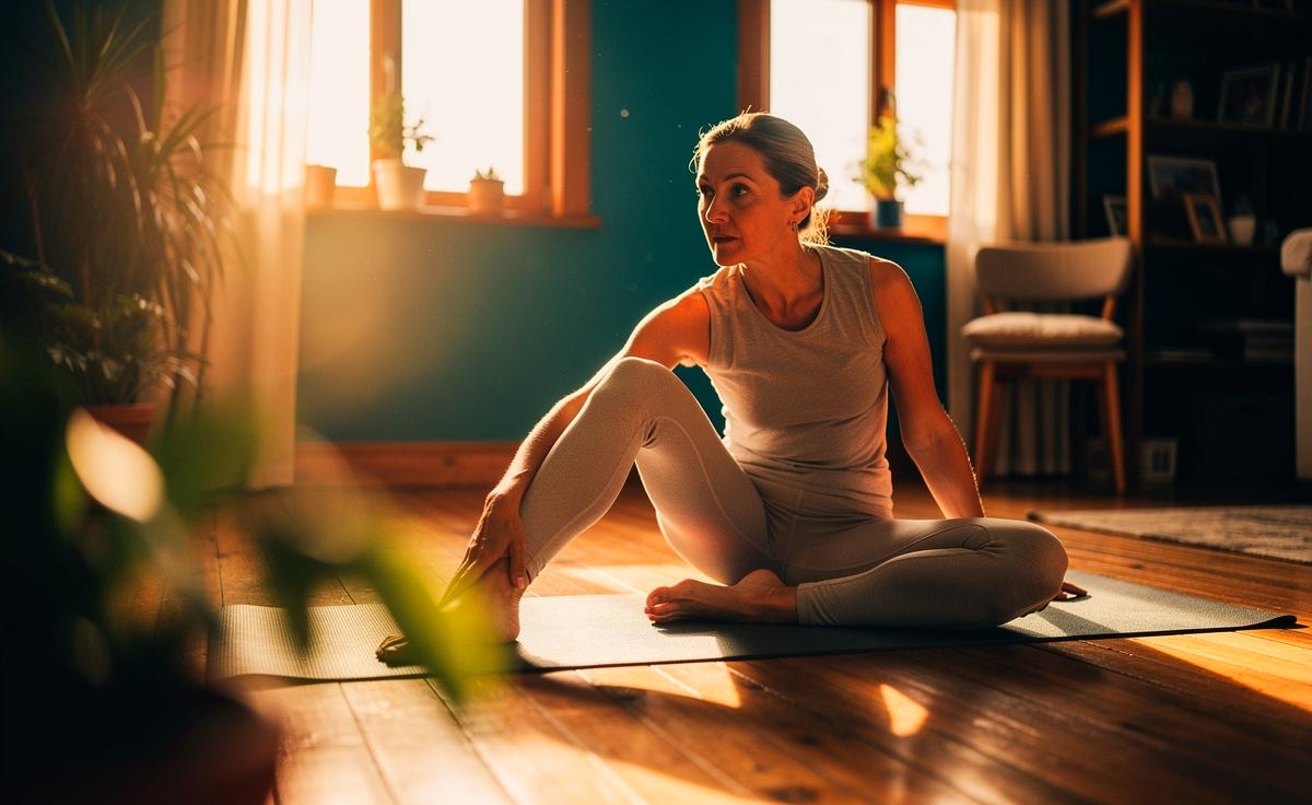 Illustration von einer Person ab 40 in der 90-90-Hüftposition zur Verbesserung der Hüftrotation ohne umfangreiches Training