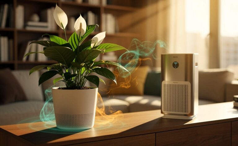 Illustration von einem Einblatt (Spathiphyllum) als Biofilter, das flüchtige organische Verbindungen in Innenräumen bindet, neben einem kleinen Luftreiniger