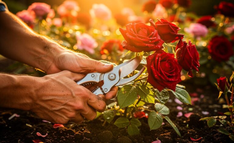 Illustration von einer Gärtnerin, die eine Rose mit einer scharfen Gartenschere zurückschneidet, während weitere üppig blühende Rosen im Hintergrund zu sehen sind.