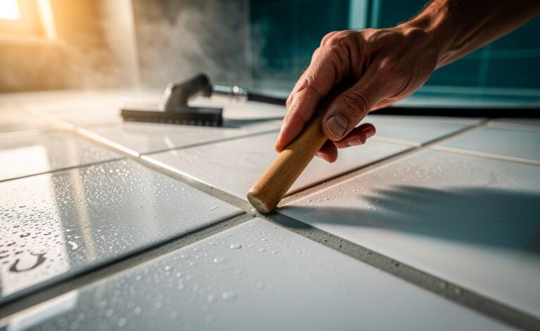 Illustration von einer chemiefreien Maurer-Technik zur trockenen Verdichtung von Fliesenfugen für länger strahlende Oberflächen