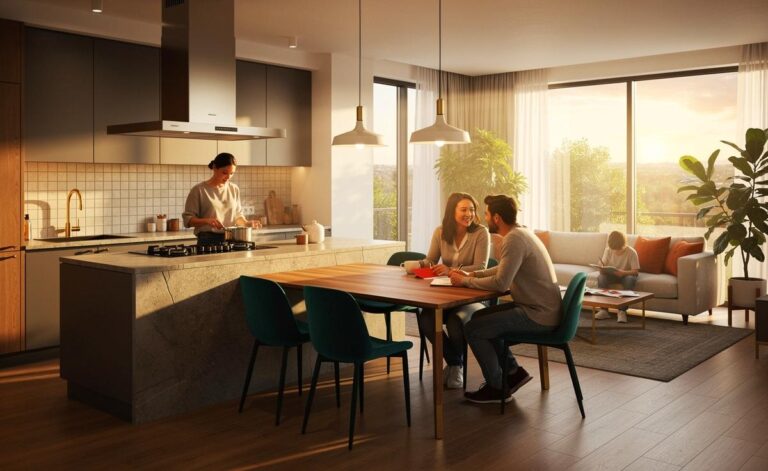 Illustration von einer offenen Küche als sozialem Knotenpunkt, der Wohn-, Ess- und Arbeitsbereiche nahtlos verknüpft