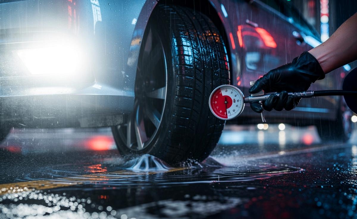 Illustration von einem Autoreifen auf nasser Fahrbahn, einem Manometer mit zu hohem Reifendruck und einer angedeuteten verlängerten Bremsstrecke