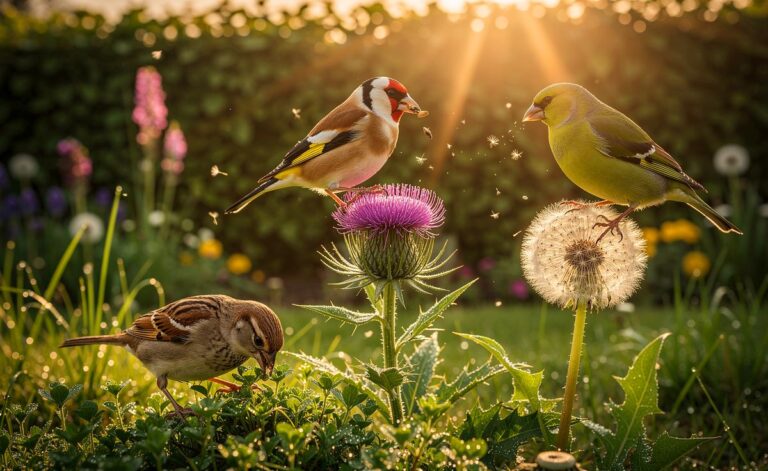 Illustration von Stieglitz, Haussperling und Grünfink beim Picken von Unkrautsamen im Garten