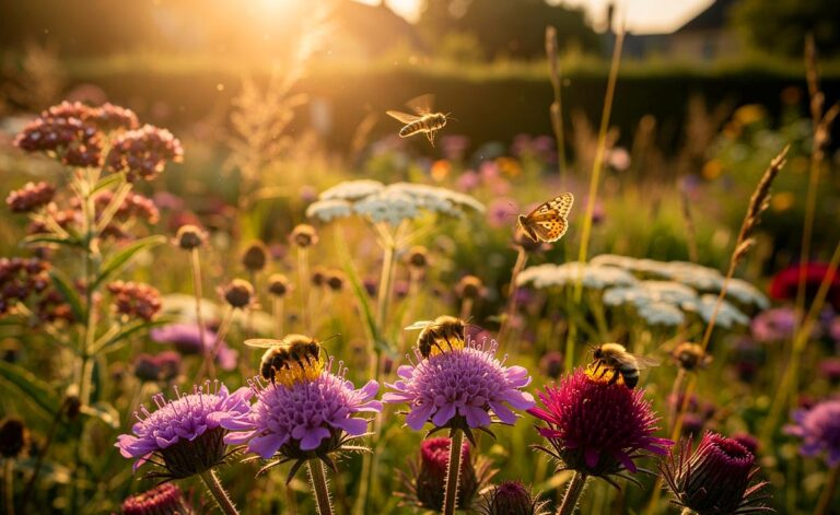 Illustration von heimischen Wildblumen in einem naturnahen Garten mit Wildbienen, Hummeln und Schmetterlingen als sichtbarem Zeichen höherer Biodiversität