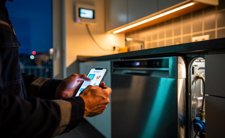 Illustration von einem Elektriker, der abends einen Geschirrspüler per Startzeitvorwahl und Smart-Meter-App für den Niedertarif startet, um Stromkosten zu sparen