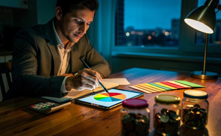 Illustration von [einem Finanzberater, der erklärt, warum ein Haushaltsbuch das Sparverhalten effektiv verbessert]