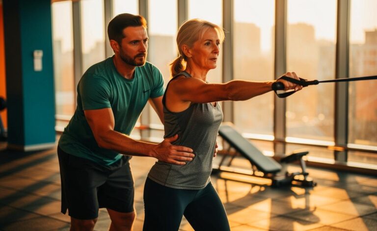 Illustration von einem Fitnesstrainer, der einer Person über 50 rückenschonende Core-Alternativen zu Sit-ups erklärt