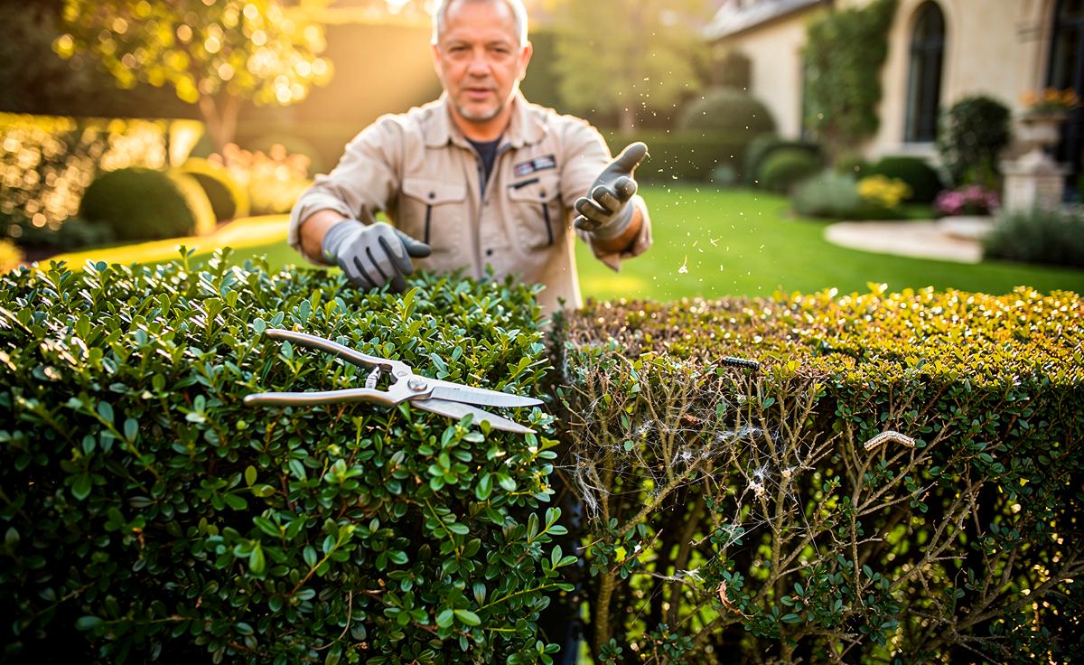 Illustration von einem Gärtner, der Ilex crenata als Buchsbaum-Ersatz mit schnellerem Wuchs und geringerer Schädlingsanfälligkeit erklärt