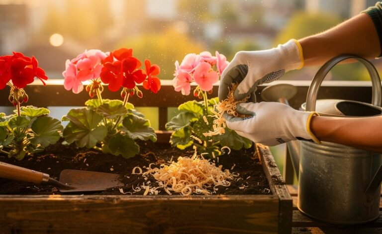 Illustration von einem Gärtner, der im Frühjahr Hornspäne in die Blumenerde von Geranien im Balkonkasten einarbeitet