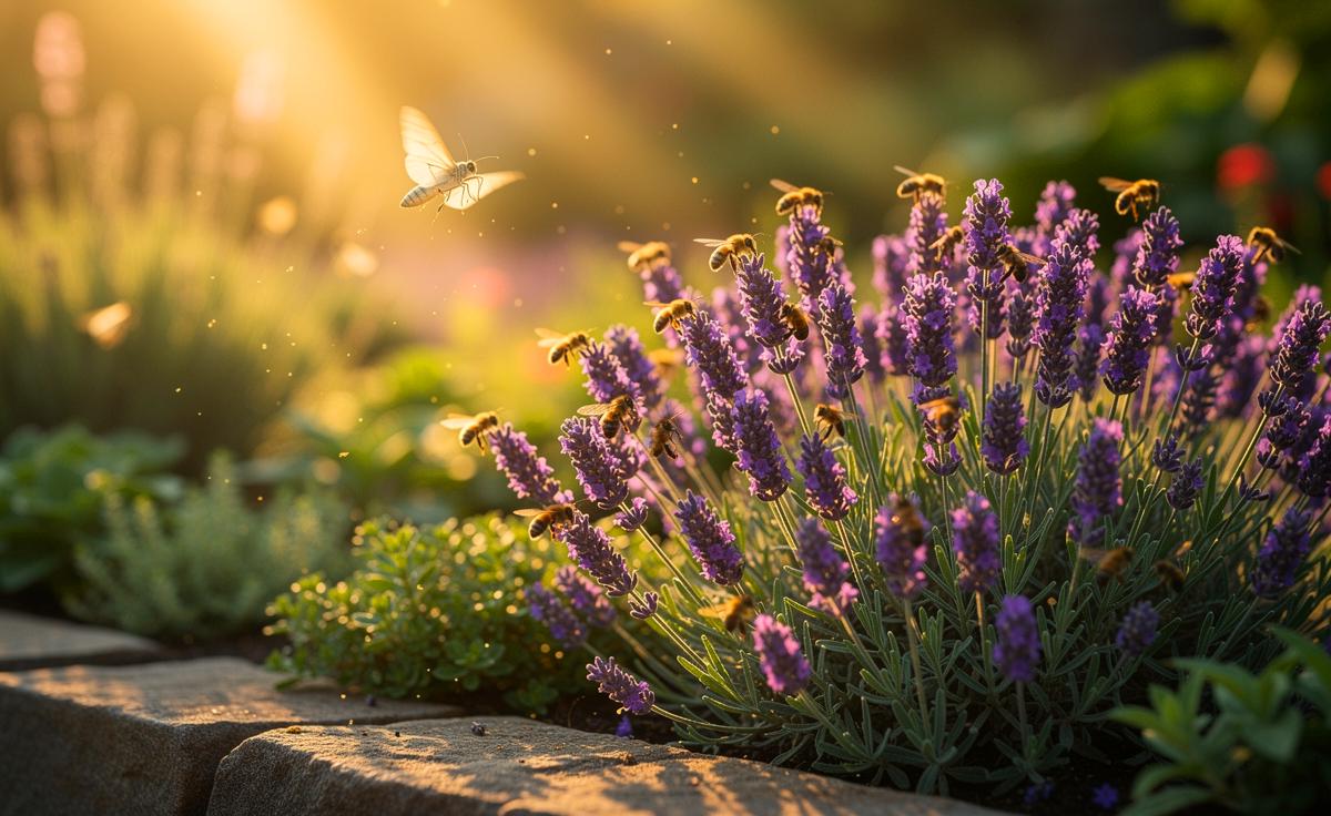 Illustration von Lavendel im Gartenbeet, der Motten natürlich vertreibt und Bienen anlockt