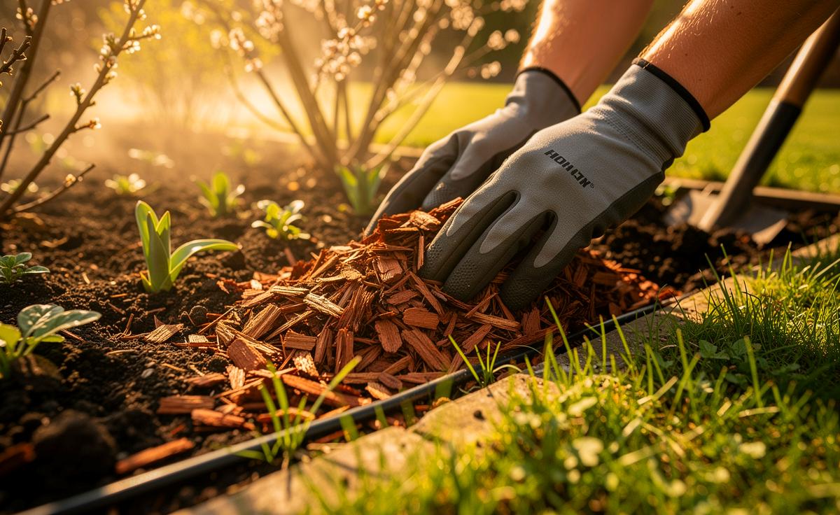Illustration von einem Gärtner, der im Frühjahr Rindenmulch auf ein Beet ausbringt, um Feuchtigkeit zu halten und Unkraut zu unterdrücken