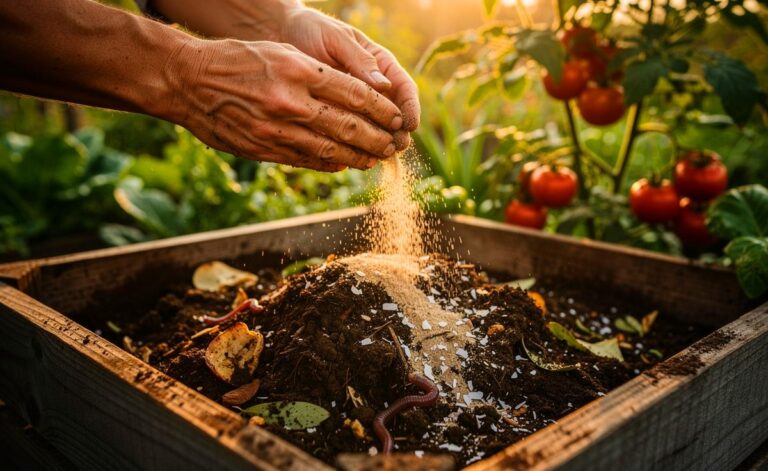 Illustration von einem Gärtner, der fein gemahlene Eierschalen in den Kompost einarbeitet, um den Boden langfristig mit Calcium zu verbessern