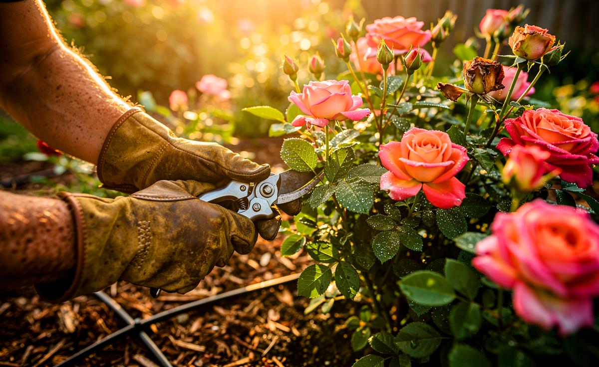 Illustration von einem Gärtner beim fachgerechten Schnitt und der Pflege remontierender Rosen, die bis zu fünfmal im Jahr blühen