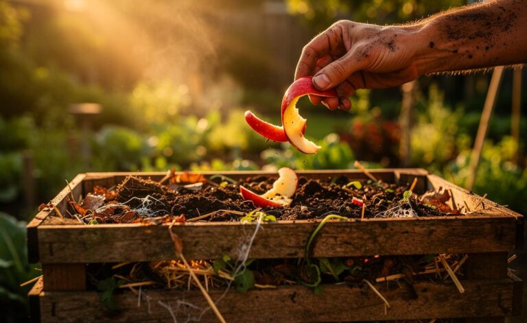 Illustration von Apfelschalen im Komposter, die durch aerobe Kompostierung den Boden mit Nährstoffen anreichern