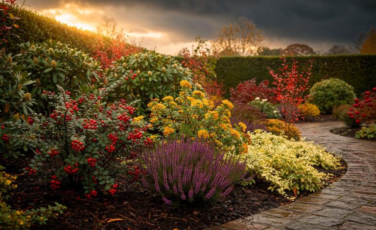 Illustration von pflegeleichten Sträuchern im Herbstgarten, die Herbstlaunen mit minimaler Pflege überstehen