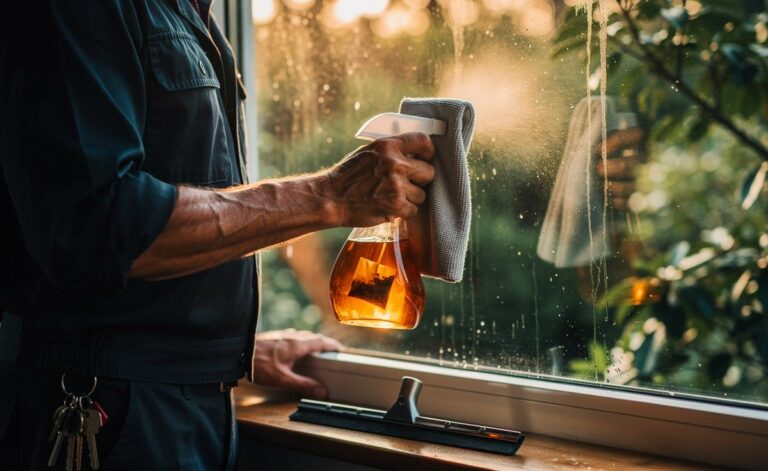 Illustration von [einem Hausmeister, der mit einem Teebeutel und einem Mikrofasertuch ein Fenster natürlich streifenfrei reinigt]