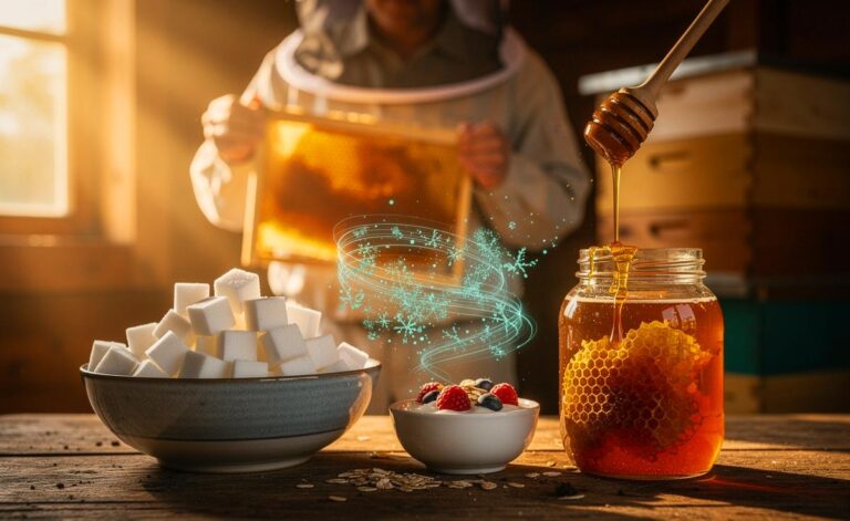 Illustration von einem Imker, der erklärt, warum Honig statt Zucker die Verdauung deutlich verbessert