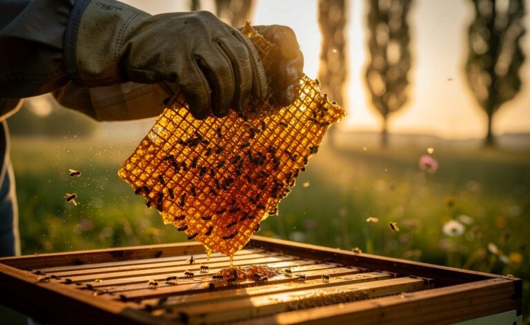 Illustration von einem Imker, der regionales Propolis am Bienenstock erntet