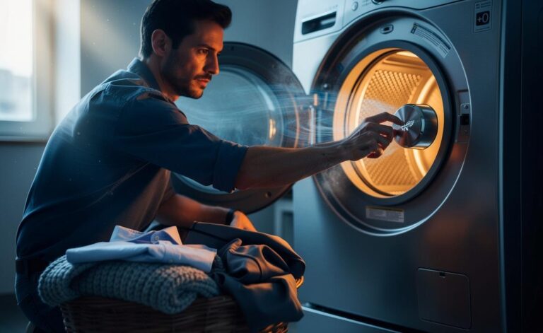 Illustration von einem Ingenieur, der am Trockner eine niedrigere Temperatur einstellt