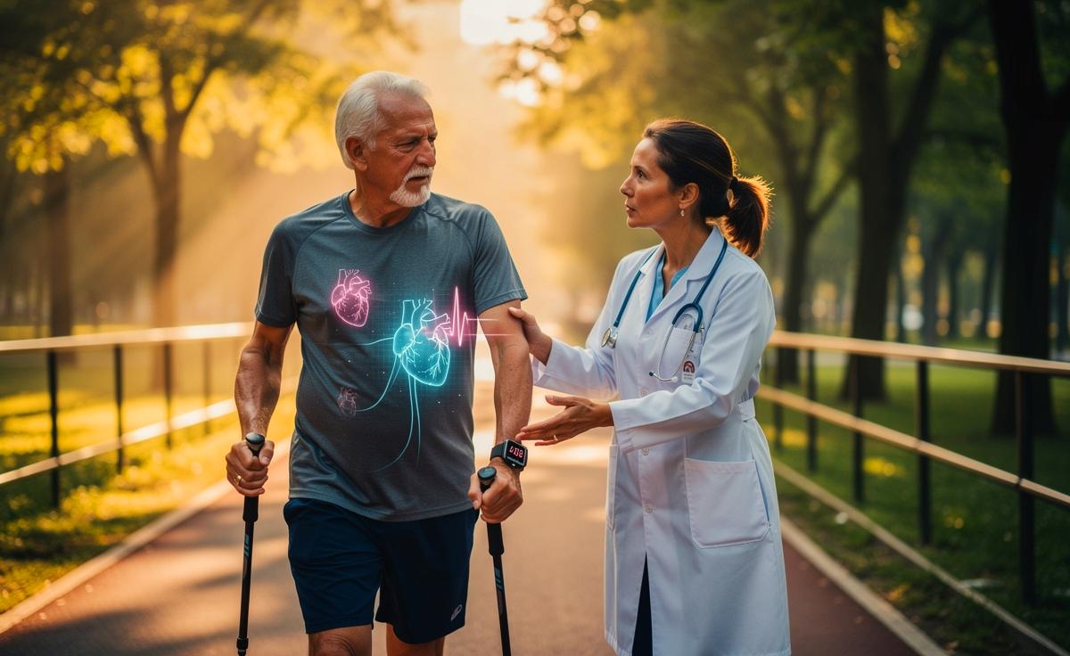 Illustration von einem Kardiologen, der einer über 60-jährigen Person gezielte Bewegung zur Stärkung der Herzgesundheit erklärt