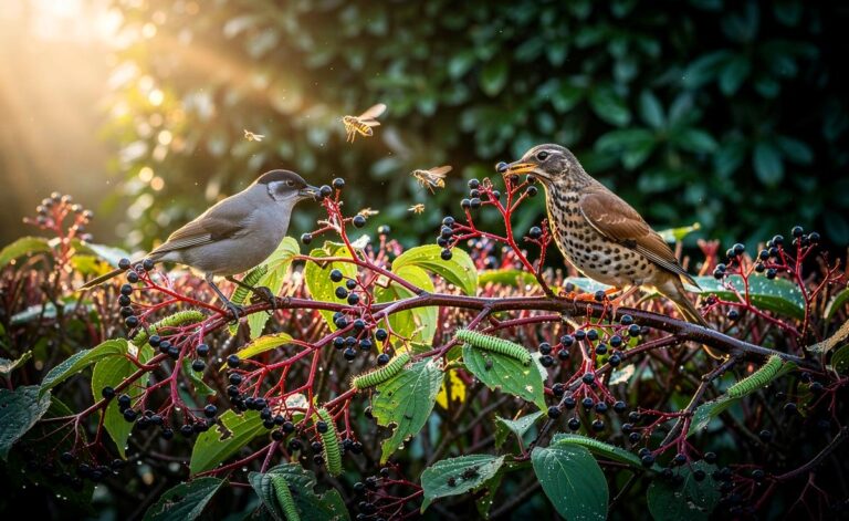 Illustration von einheimischen Sträuchern wie Hartriegel, die durch höhere Insektenbiomasse, passenden Beerennährwert und dichte Heckenstruktur mehr Vögel anlocken als importierte Ziergehölze